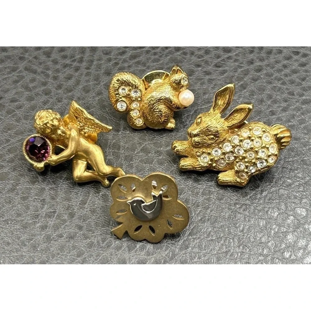 Vintage Lot Of 4 Rhinestone Lapel Pin Lot Cherub Squirrel Rabbit Bird Gold Tone